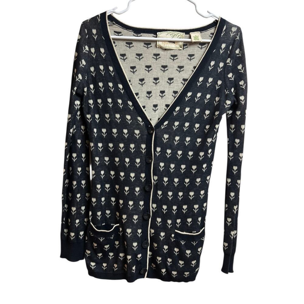Anthropologie Sparrow Navy Cream Tulip Button Down Cardigan Lightweight XS